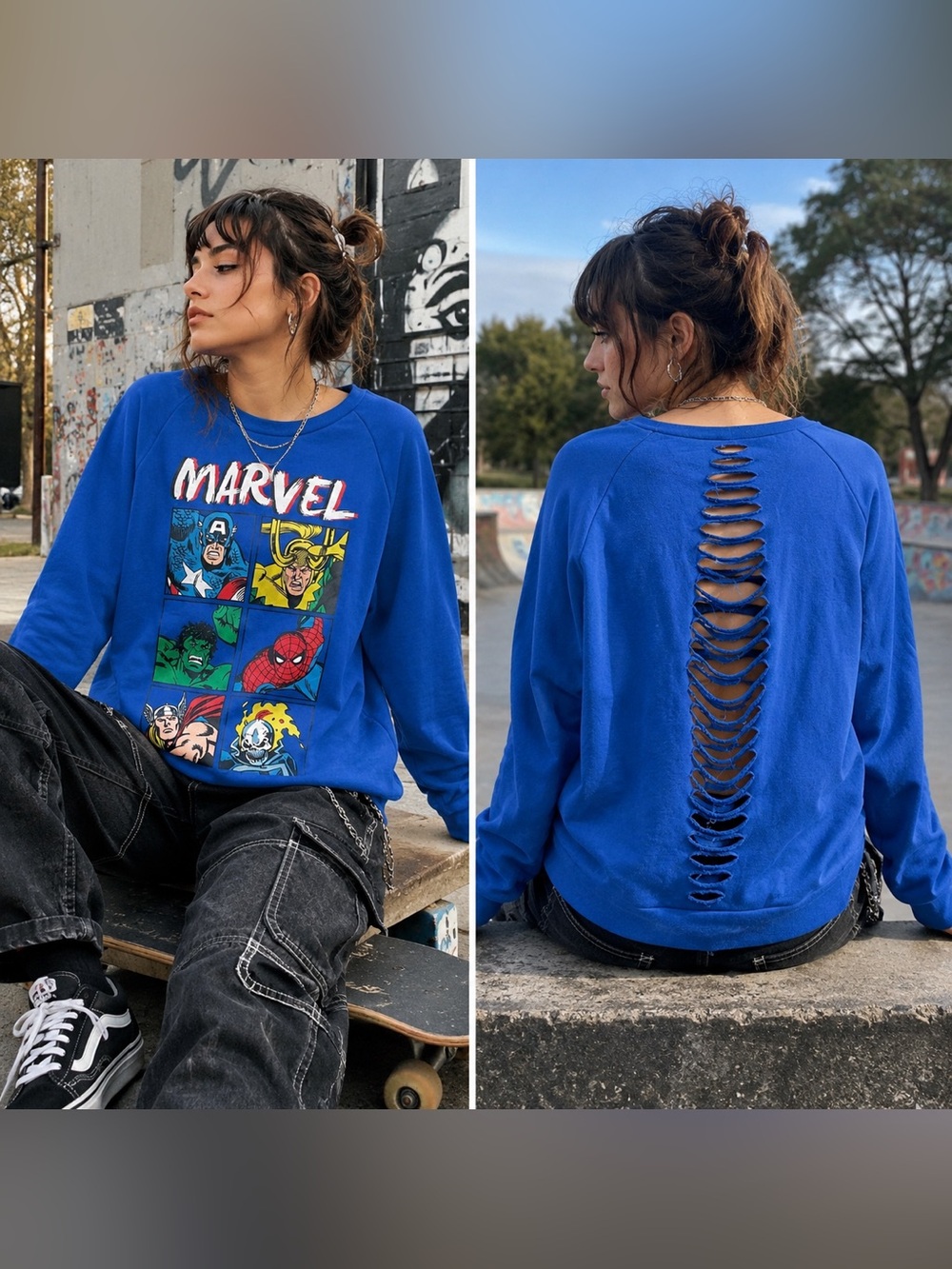 Marvel Comics Blue Distressed Open Back Graphic Sweatshirt XL